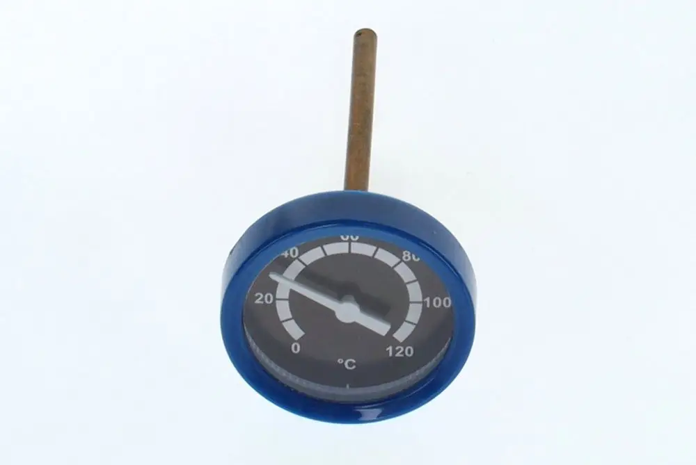 Türmthermometer mit blauer Umrandung und einer Anzeige in Celsius, das zur Temperaturmessung von Flüssigkeiten oder Speisen verwendet werden kann. Marke Bosch.